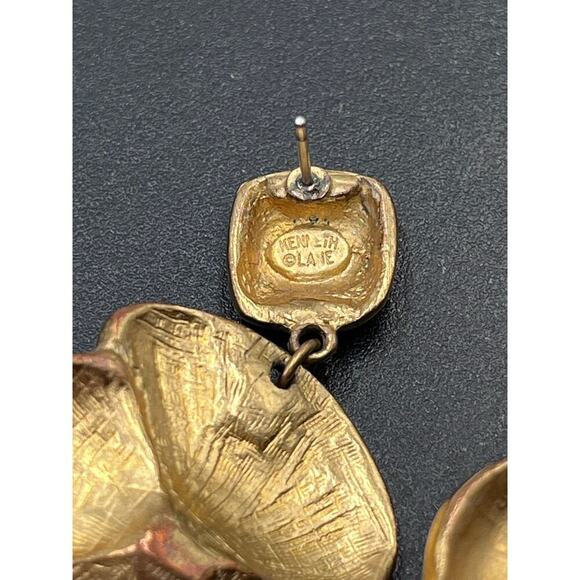 Kenneth Lane Gold Plated Sculpted Floral Pearl Center Dangle Earrings - Picture 4 of 12